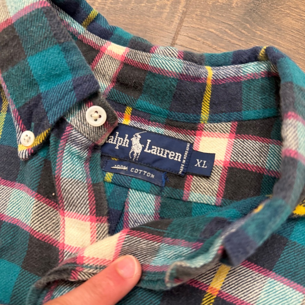 Polo Ralph Lauren Mens XL Plaid Flannel Button Down Shirt Teal Navy Pink Cotton - Picture 2 of 6